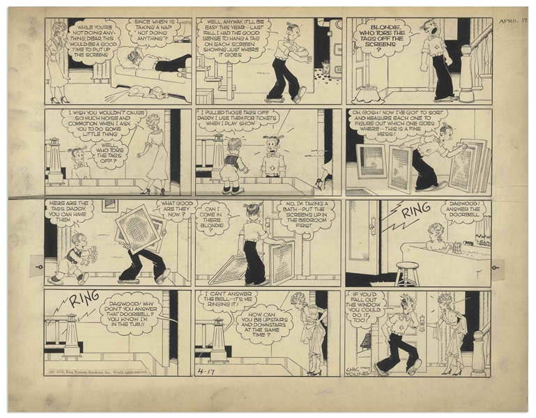 Chic Young Hand-Drawn ''Blondie'' Sunday Comic Strip From 1938 -- Dagwood's Honey Do List Keeps Growing